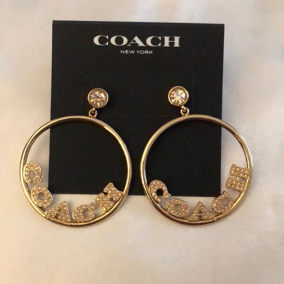 Coach Gold Tone Signature Frontal Logo Hoop Earrings Crystal Accents NWT - Picture 4 of 14